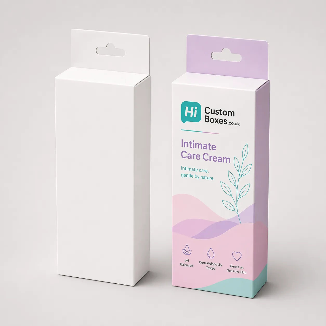 Custom printed boxes for intimate soothing cream with purple flower graphics and white background panels. class=